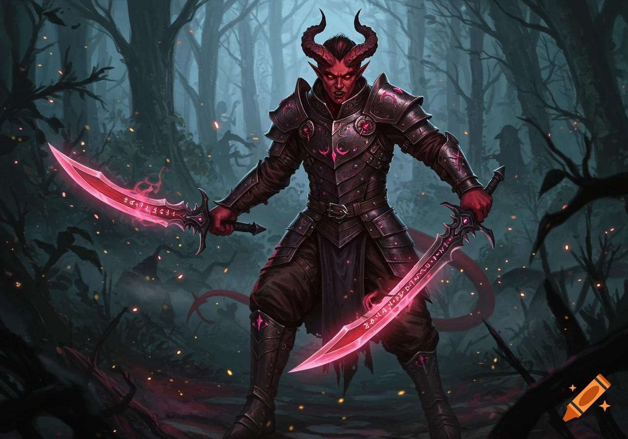 A red-skinned, horned Tiefling warrior in dark, ornate armor stands in a misty forest, wielding two glowing pink swords.