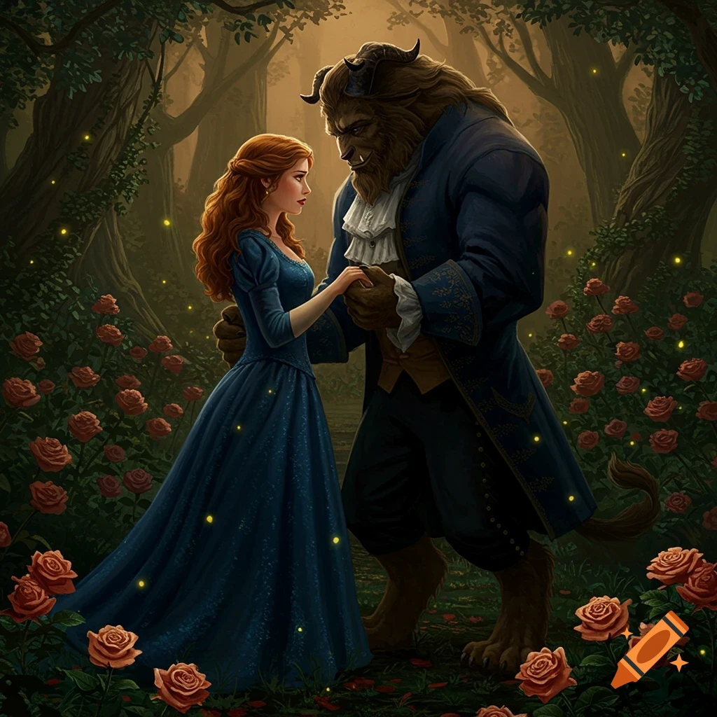 Belle in a blue dress and the Beast hold hands in a magical forest adorned with glowing lights and red roses.