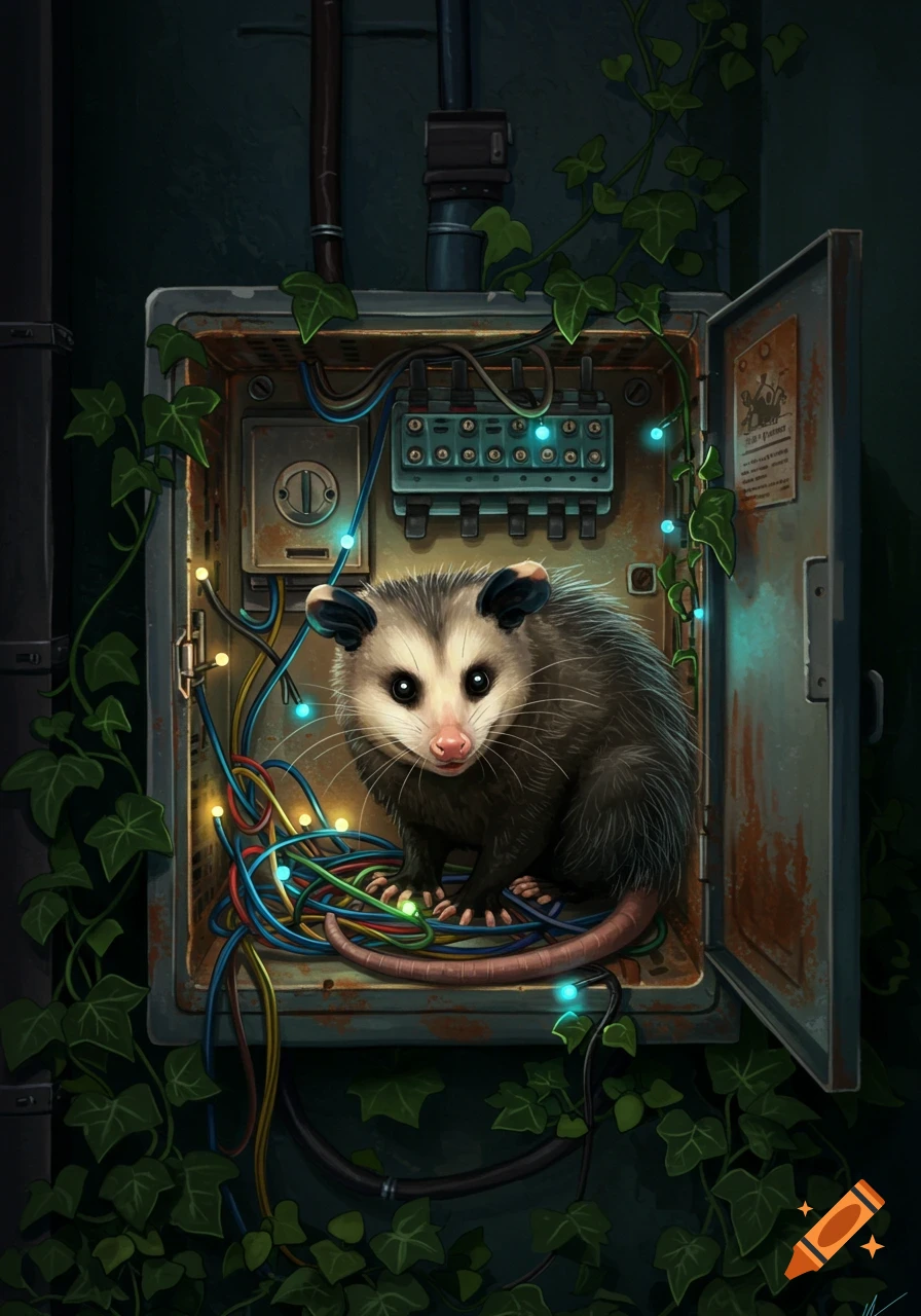A cute opossum peeks from a rusty electrical box filled with colorful wires and glowing lights, surrounded by ivy. Illustration.