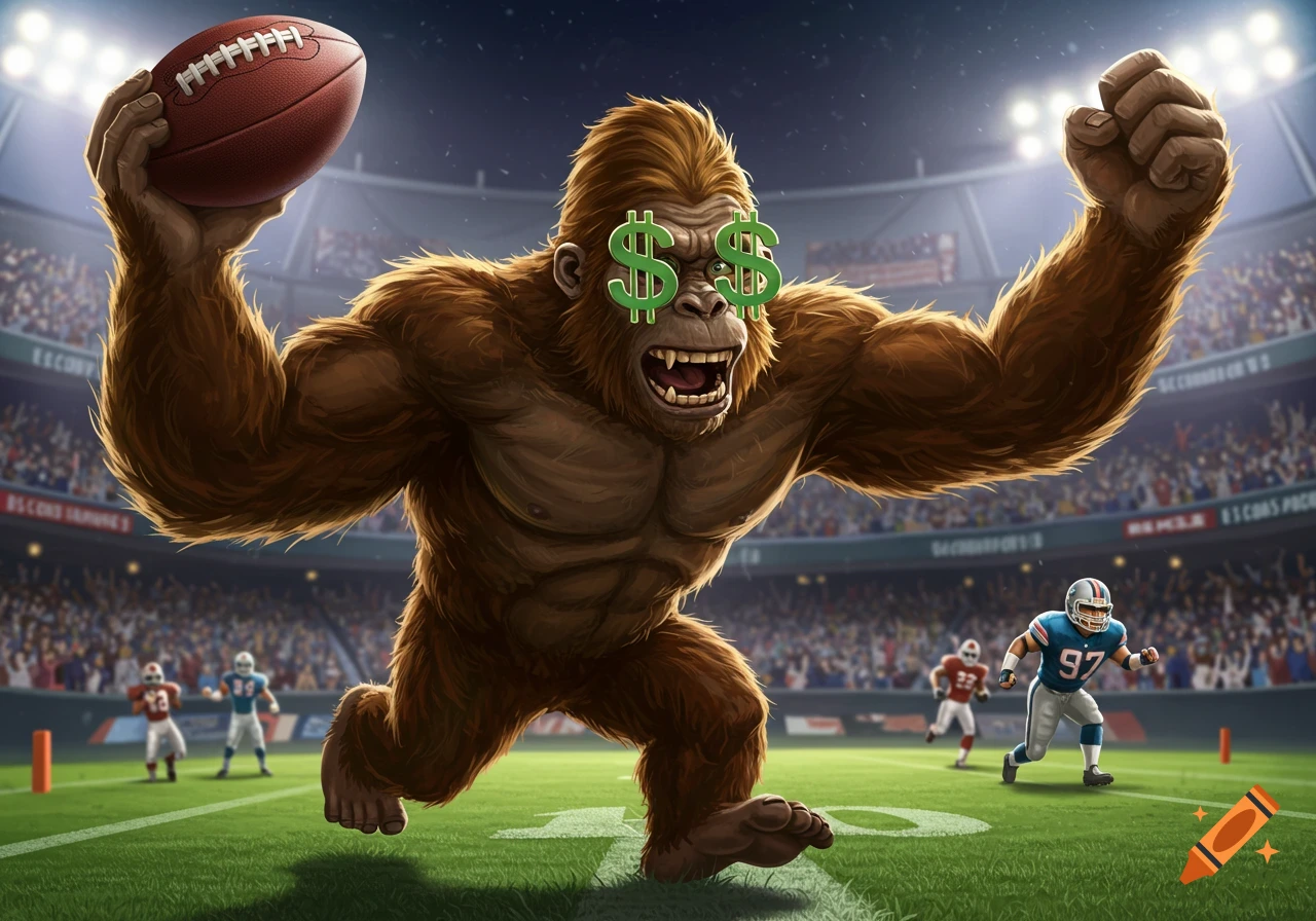 An illustrated sasquatch with money glasses runs in a football stadium, holding a football.