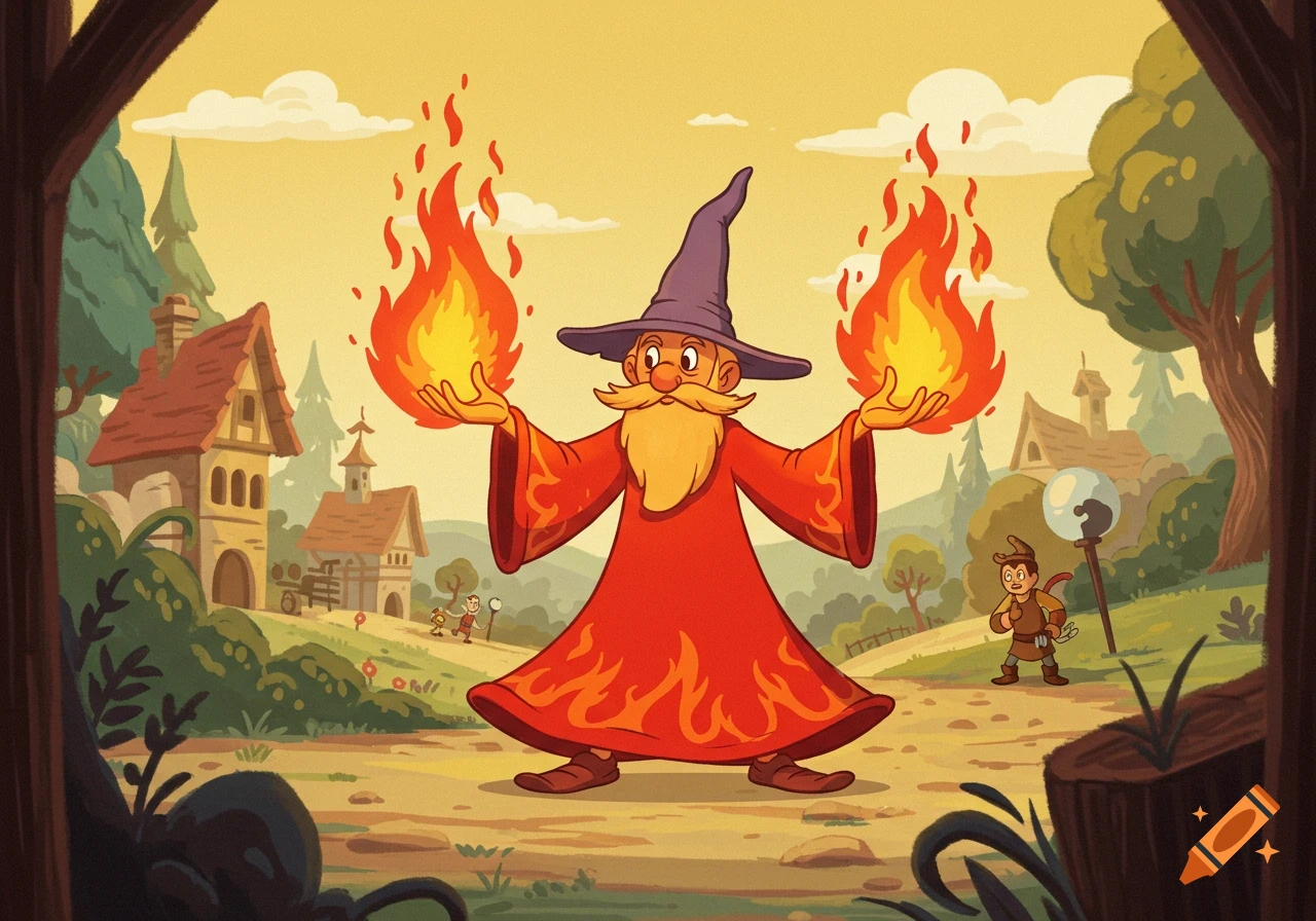 A cartoon wizard in a red robe and purple hat stands in a village, holding a ball of fire in each hand, in a 1930s cartoon style.
