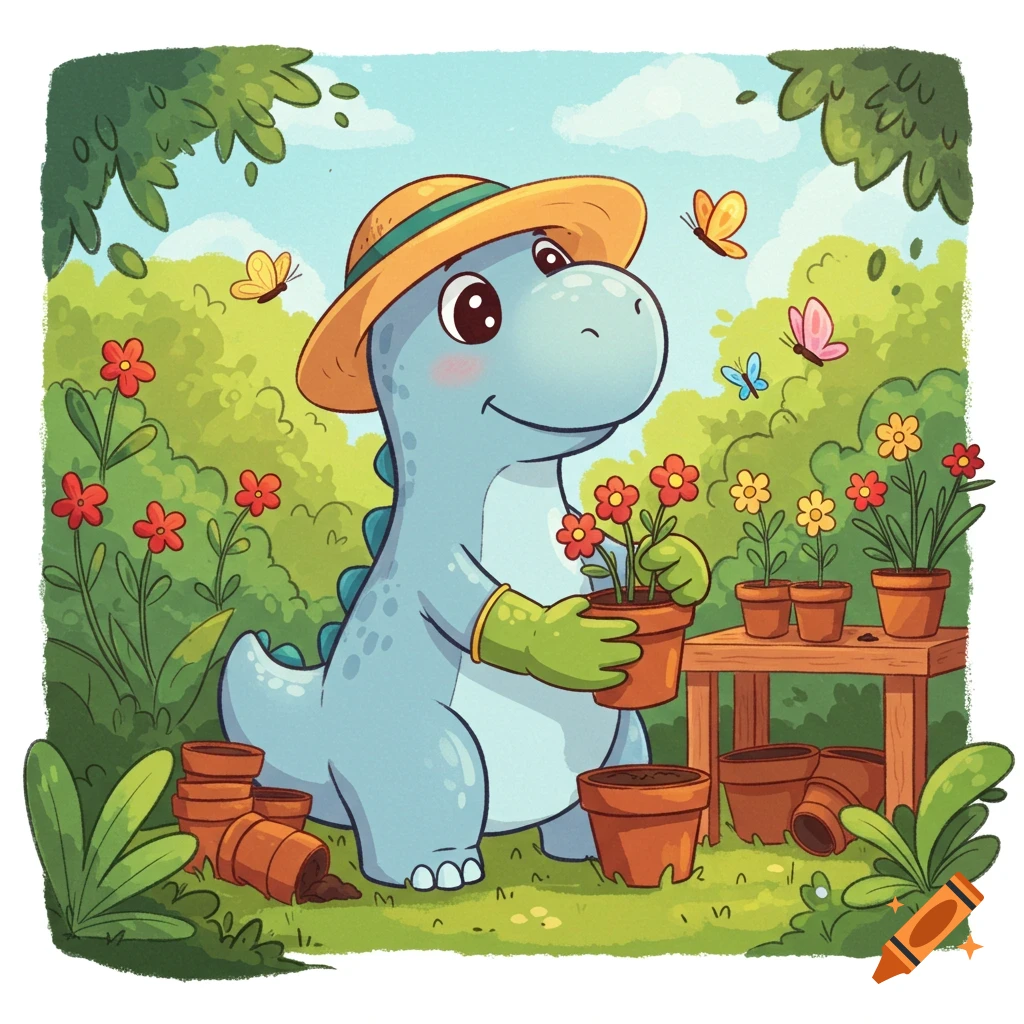 A cute light blue cartoon dinosaur in a straw hat and green gloves potting red flowers in a vibrant garden with butterflies.