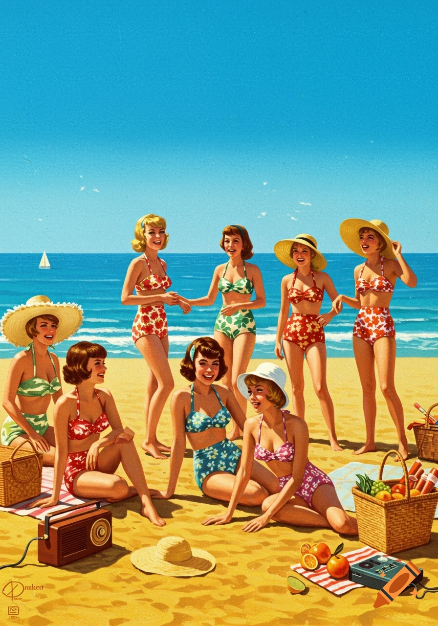 Vintage illustration of women in 1960s bikinis on a sunny beach with picnic baskets.