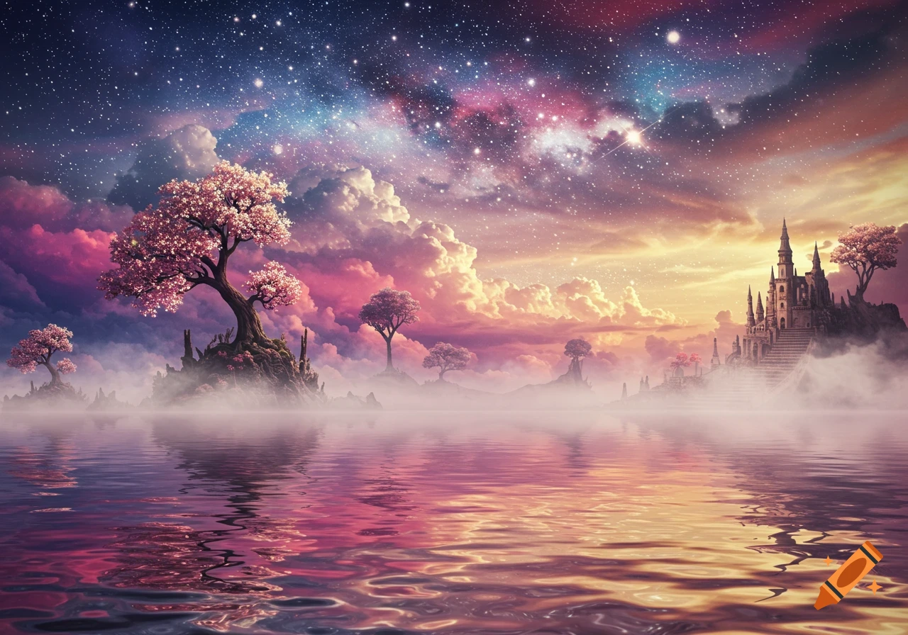 A vibrant fantasy landscape with a majestic castle, cherry blossom trees on misty islands, and a colorful, starry galaxy sky reflected in calm water.