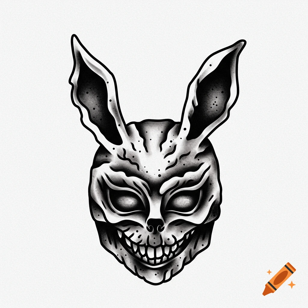 Black and white traditional tattoo style illustration of Frank the rabbit's head from Donnie Darko, with a creepy smile.