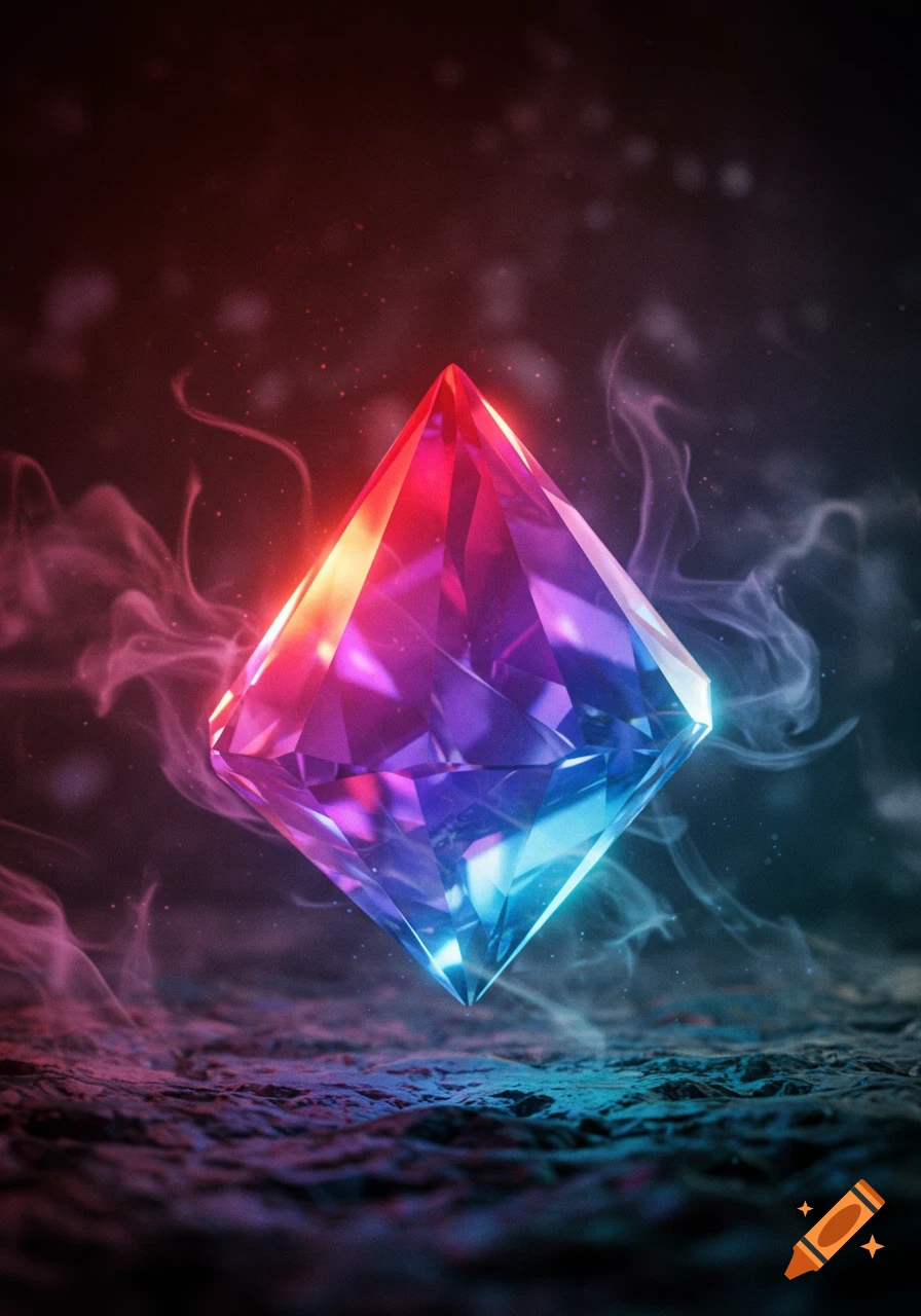 A vibrant, faceted diamond-shaped gemstone glows with red, purple, and blue hues, surrounded by wisps of smoke on a dark, textured surface.