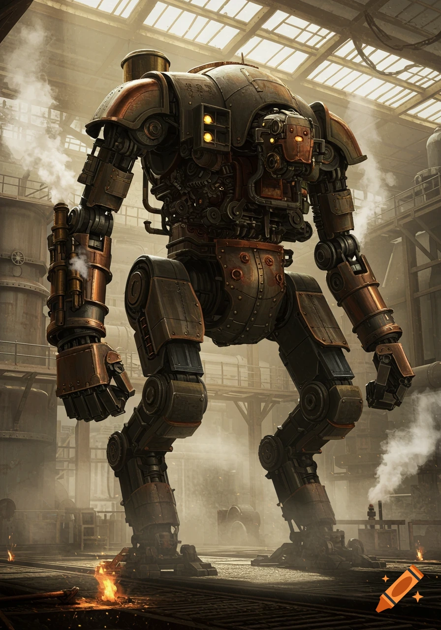 A large, rusty steampunk robot stands in a smoky industrial factory, with gears and pipes visible, and fire on the ground.