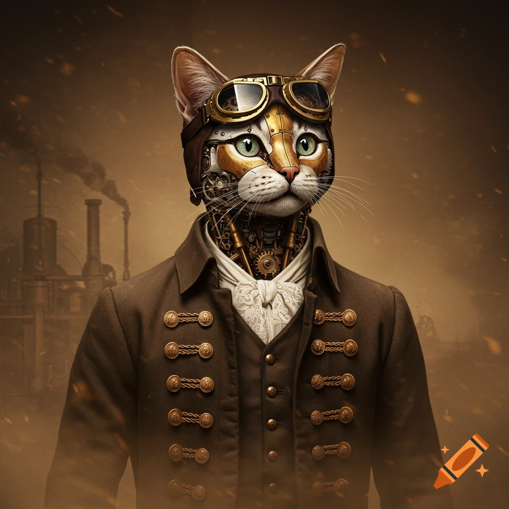 A photorealistic steampunk mechanical cat wearing goggles and a Victorian-era dress coat, set against a dusty industrial background.