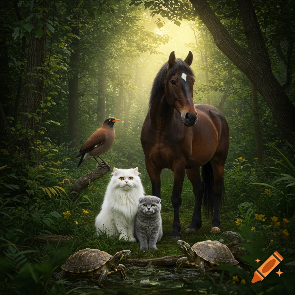 A photorealistic scene of a horse, two cats, a bird, and two turtles gathered in a lush, sunlit forest.
