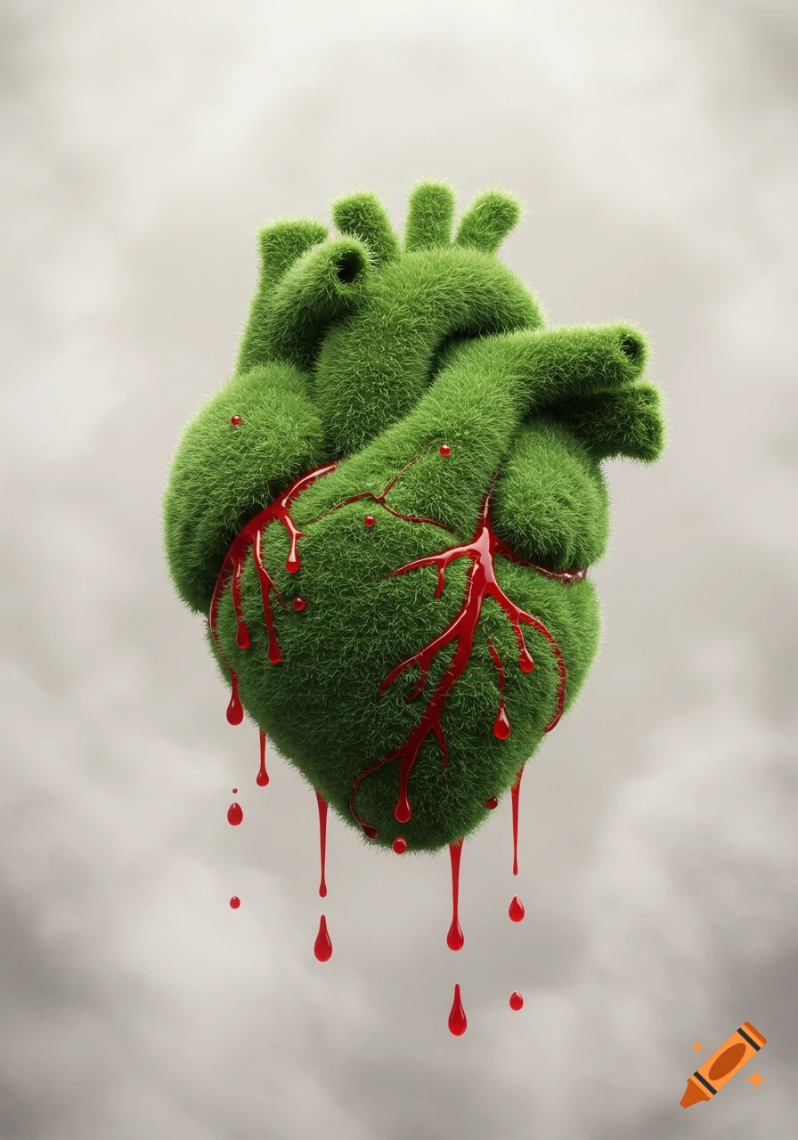 A stylized anatomical heart covered in green fur, with red liquid dripping from it, on a blurred light background.