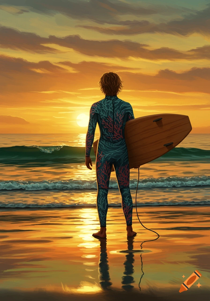 Illustrative image of a person in a coral-patterned wetsuit holding a surfboard, facing the vibrant sunset over the ocean.