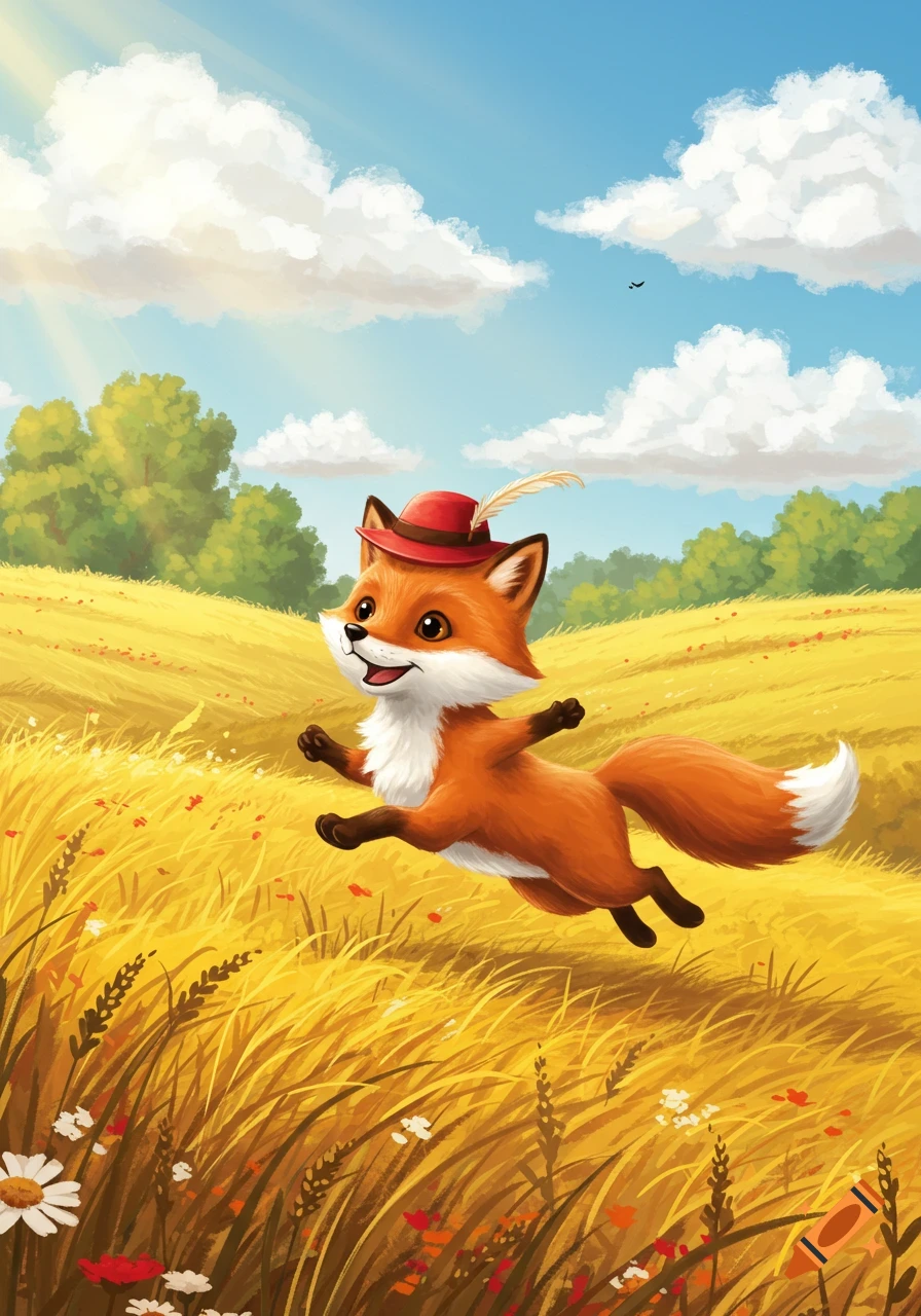 A cute cartoon fox wearing a red hat joyfully runs through a sunny golden field under a blue sky with white clouds.