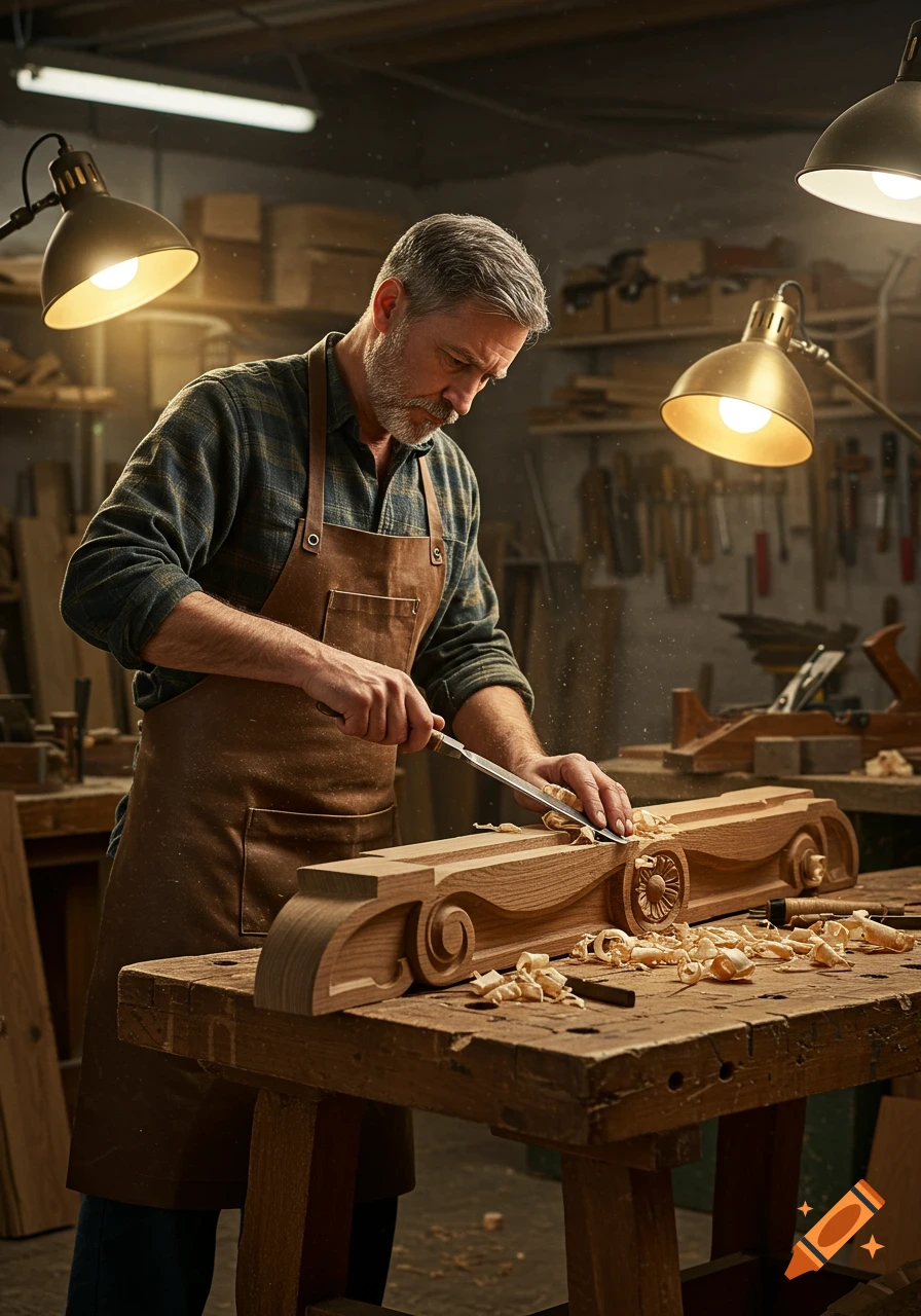 A skilled woodworker meticulously carves ornate details into a wooden piece with a chisel in a warm, dusty workshop.