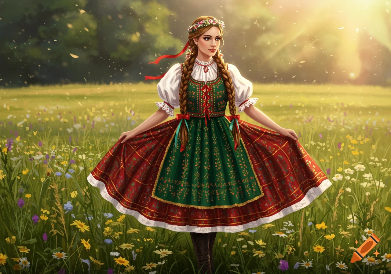 A young woman in a vibrant, embroidered Hungarian folk dress stands in a sunny field of wildflowers. Illustration.