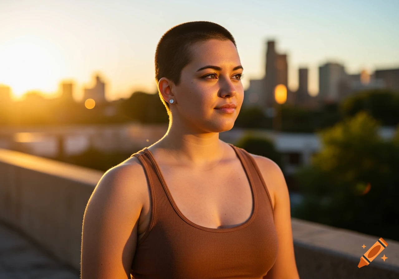 A young woman with a buzz cut and a brown tank top looks toward the golden sunset with a city skyline in the background, photorealistic.