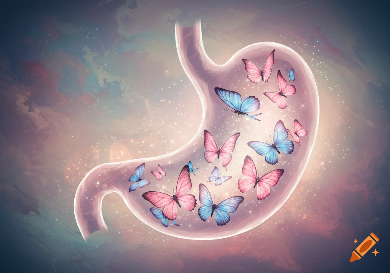 A stylized human stomach filled with numerous pink and blue butterflies, against a sparkling, dreamy background.