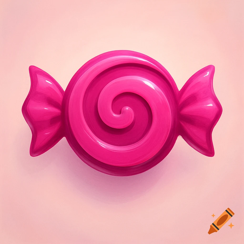 A shiny, bright pink swirl candy logo with a wrapped design, set against a soft, light pink background.