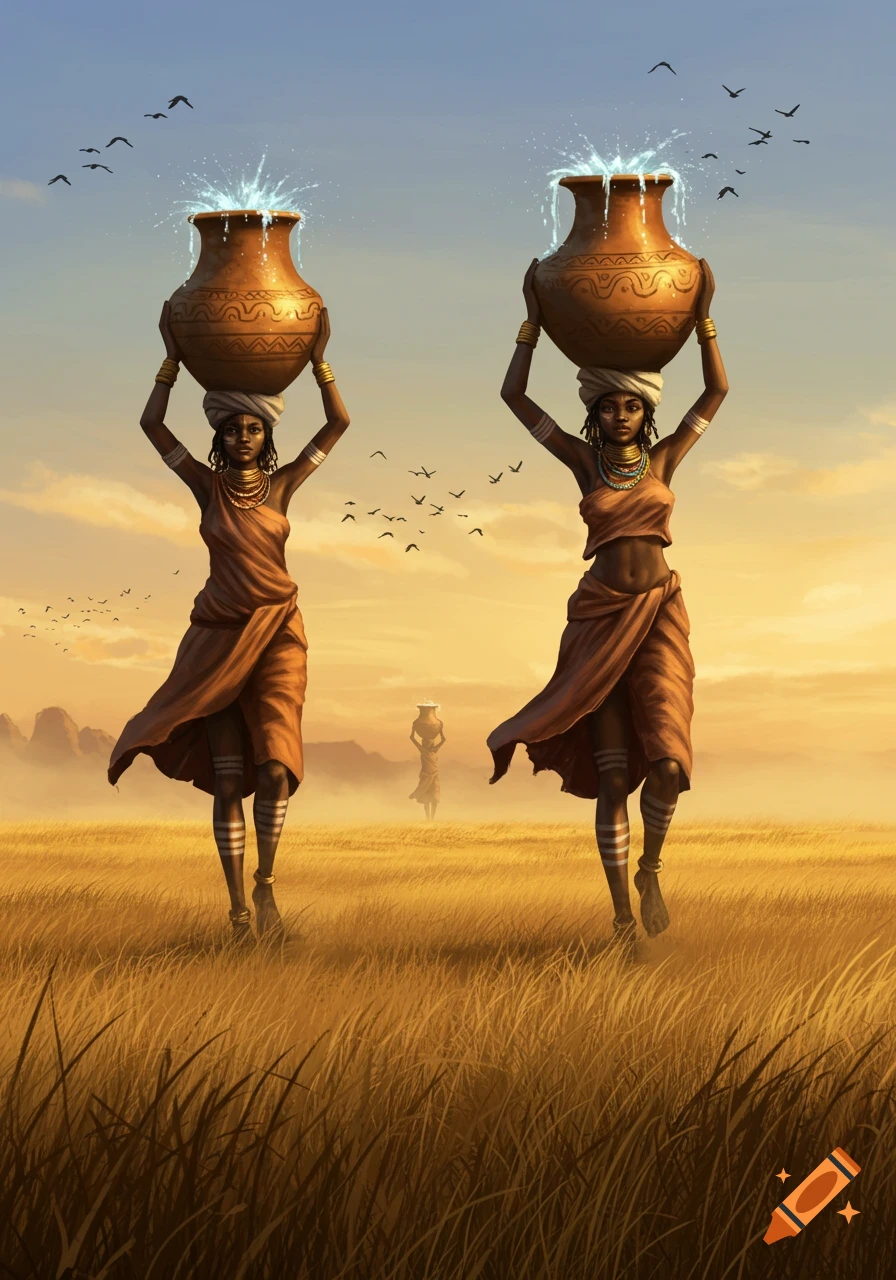 Two women in traditional attire carry overflowing clay pots on their heads through a golden savanna at sunset, with birds flying.