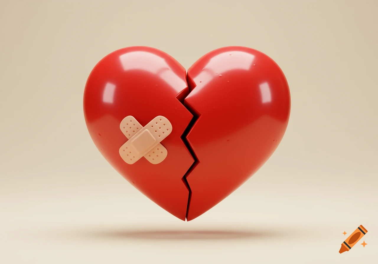 A glossy 3D cartoon red heart, cracked down the middle, with a beige bandage covering the crack, on a neutral background.