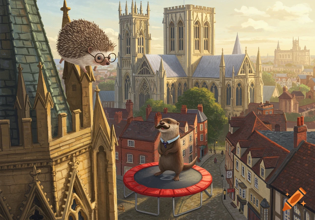 A hedgehog with glasses jumps off York Minster over an otter with a mustache on a trampoline in a city.