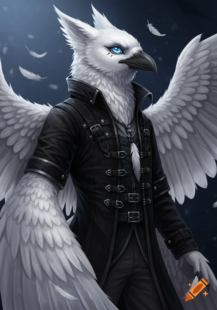 An elegant, semi-realistic anthro white crow fursona with blue eyes, wearing a black gothic coat, stands in a moonlit scene with falling feathers.