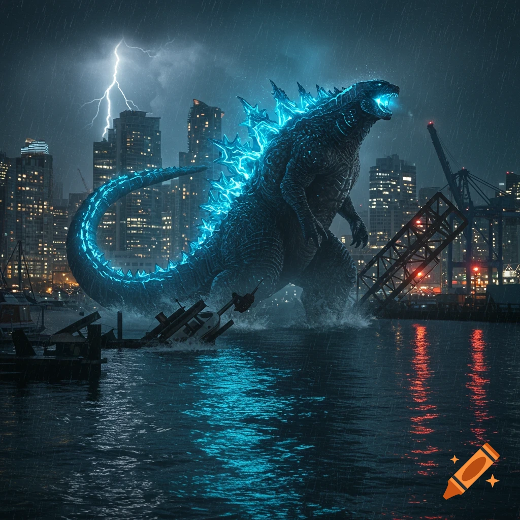 Godzilla, with glowing blue spines, emerges from a storm-battered marina, towering over a city skyline as lightning strikes.