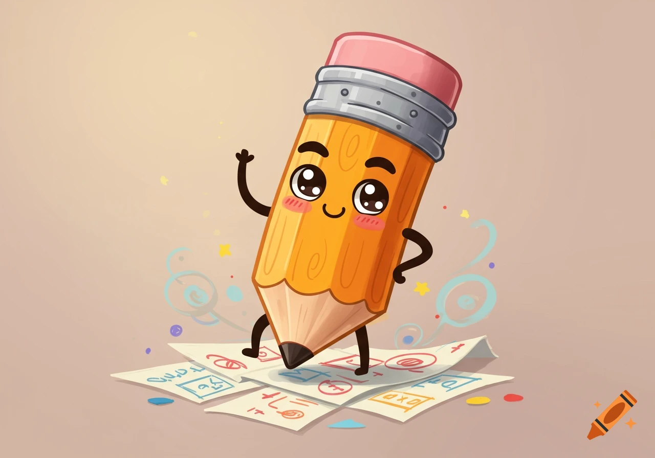 A cute cartoon pencil character with a smiling face and rosy cheeks, waving one hand and standing on papers filled with colorful scribbles and drawings.