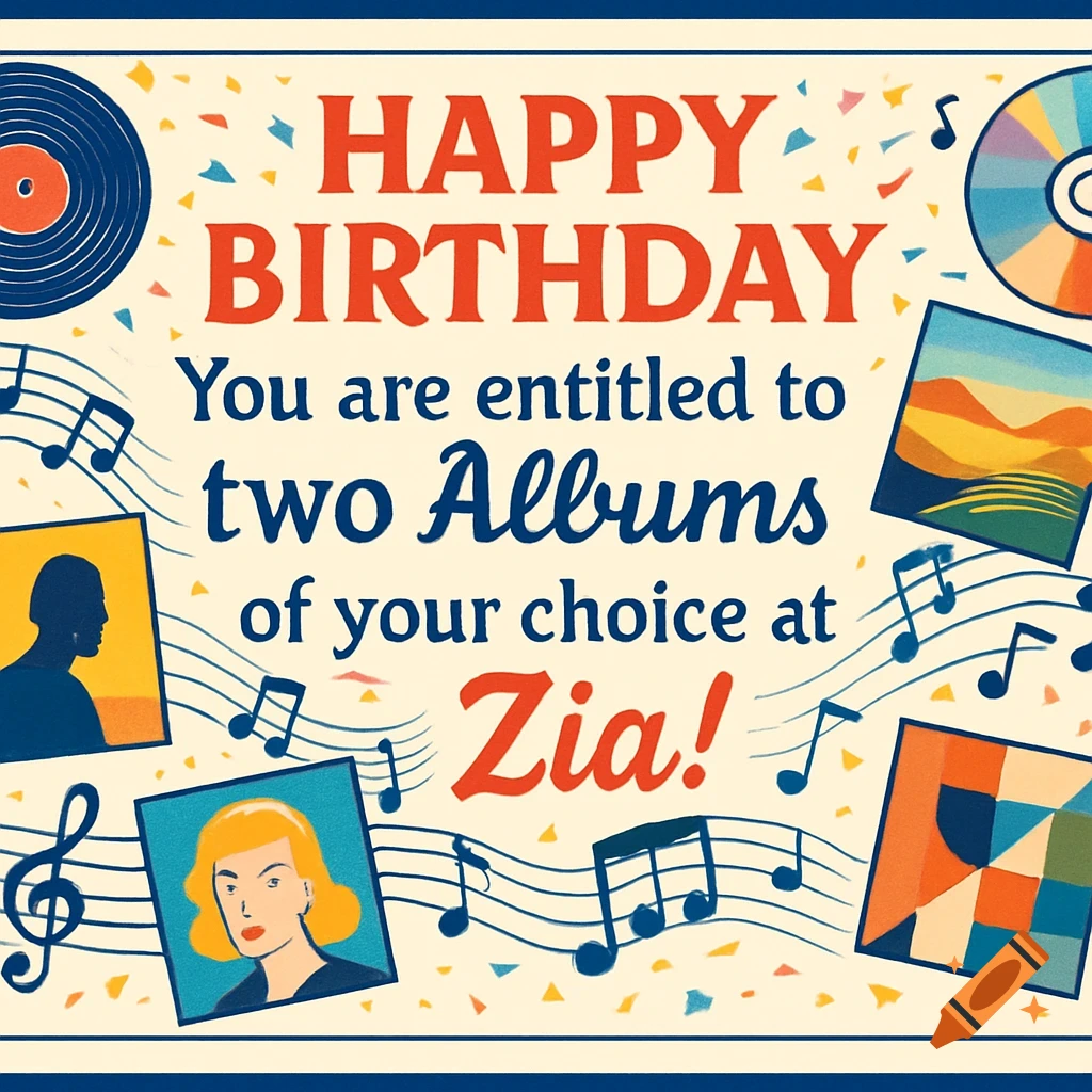 Retro birthday certificate with 'Happy Birthday' message, musical notes, vinyl records, and abstract album art.