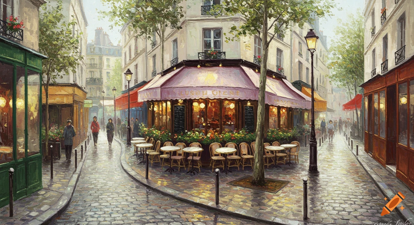 Impressionist painting of a wet cobblestone street in Paris with a bustling corner cafe, streetlights, and pedestrians.