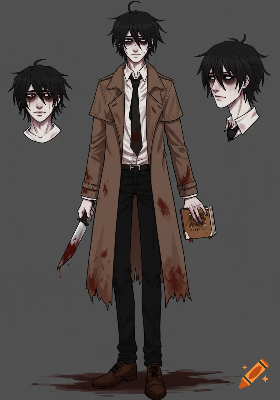 Full body anime character sheet of a pale man in a blood-stained trench coat, holding a bloody knife and a book, with two headshots.