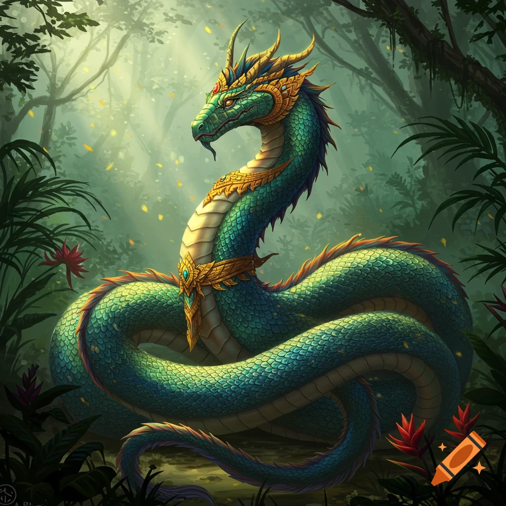 A majestic green and gold Naga, a mythical serpent with elaborate adornments, coiled in a sun-dappled tropical forest.