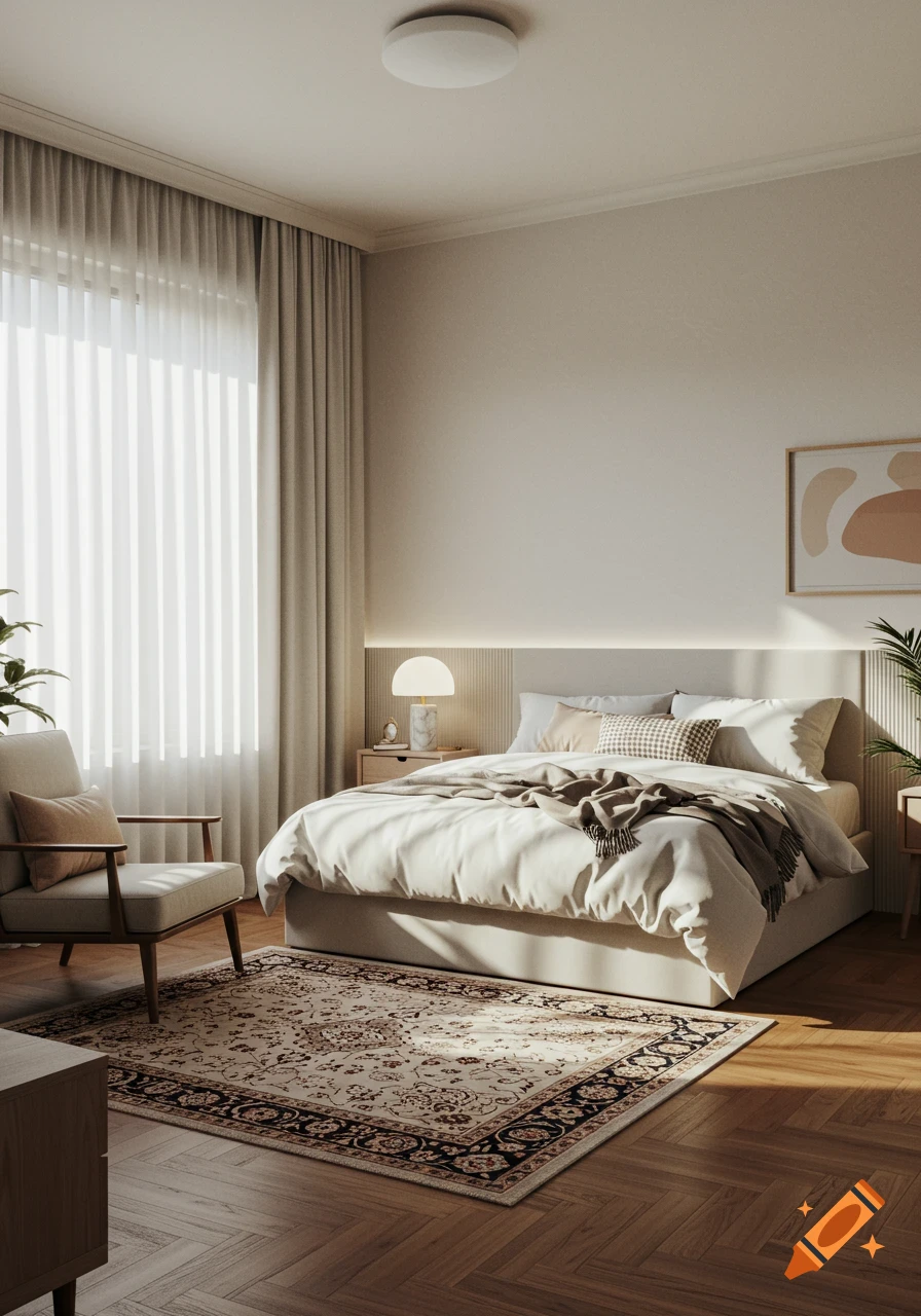 Ultra-realistic photo of a modern bedroom with a large bed, armchair, patterned rug, and a bright window with sheer curtains.