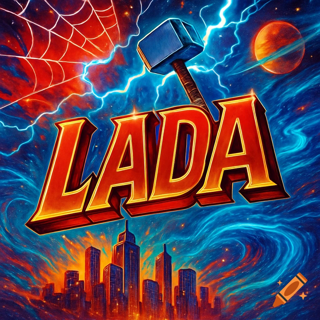 Vibrant comic art with 'LADA' in bold red/gold letters, a cityscape, spider web, Thor's hammer, and a cosmic sky.