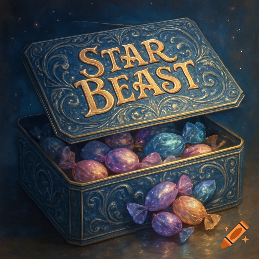 An ornate blue and gold candy box, labeled "STAR BEAST", is open, revealing colorful wrapped candies spilling out onto a dark, starry background.