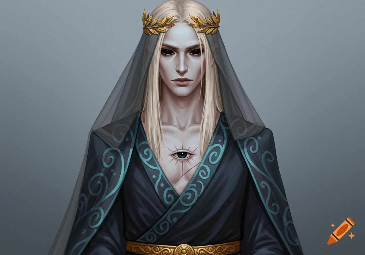 A pale-skinned figure with long blonde hair, black eyes, a golden laurel crown, and a dark veil. An eye-like scar is on their chest, and they wear a dark blue tunic with light blue swirls.