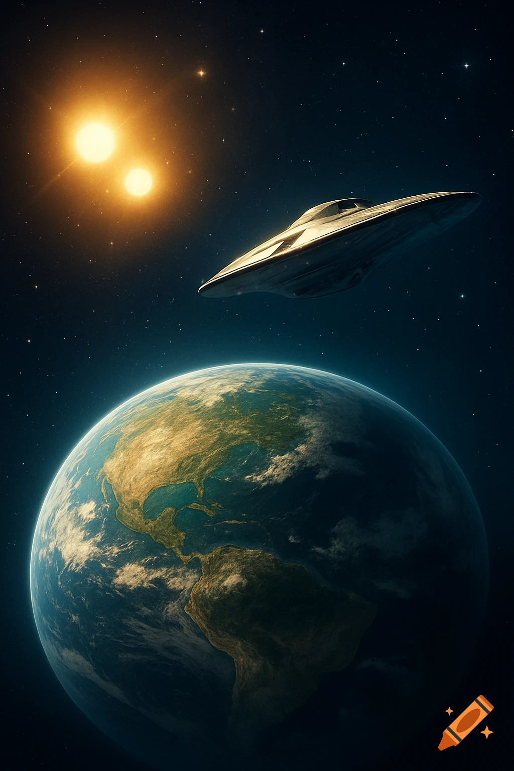 A silver spaceship hovers above an Earth-like planet, illuminated by two bright suns in a dark, star-filled space.