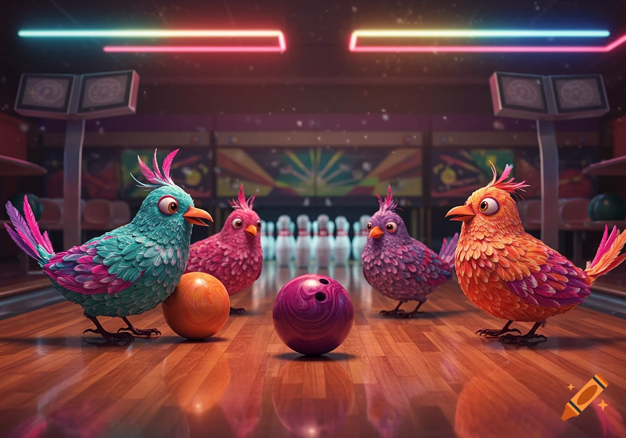 Four brightly colored cartoon birds stand on a bowling lane with bowling balls and pins, under neon lights.