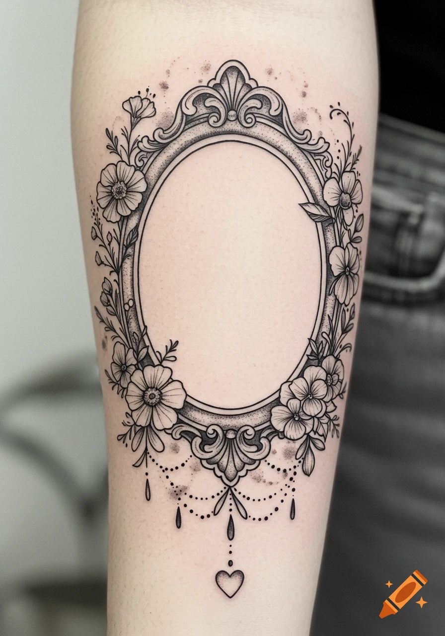 Black and grey tattoo on a forearm depicting a vintage oval frame with intricate wildflowers and a heart at the bottom in a gothic floral style.
