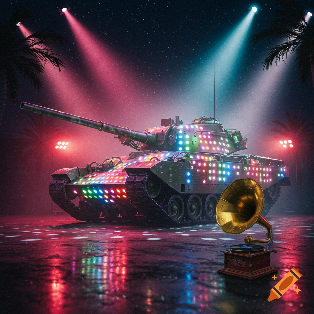 A military tank adorned with colorful disco lights sits on a reflective, wet surface, with a gramophone in the foreground under spotlights and a starry night sky.
