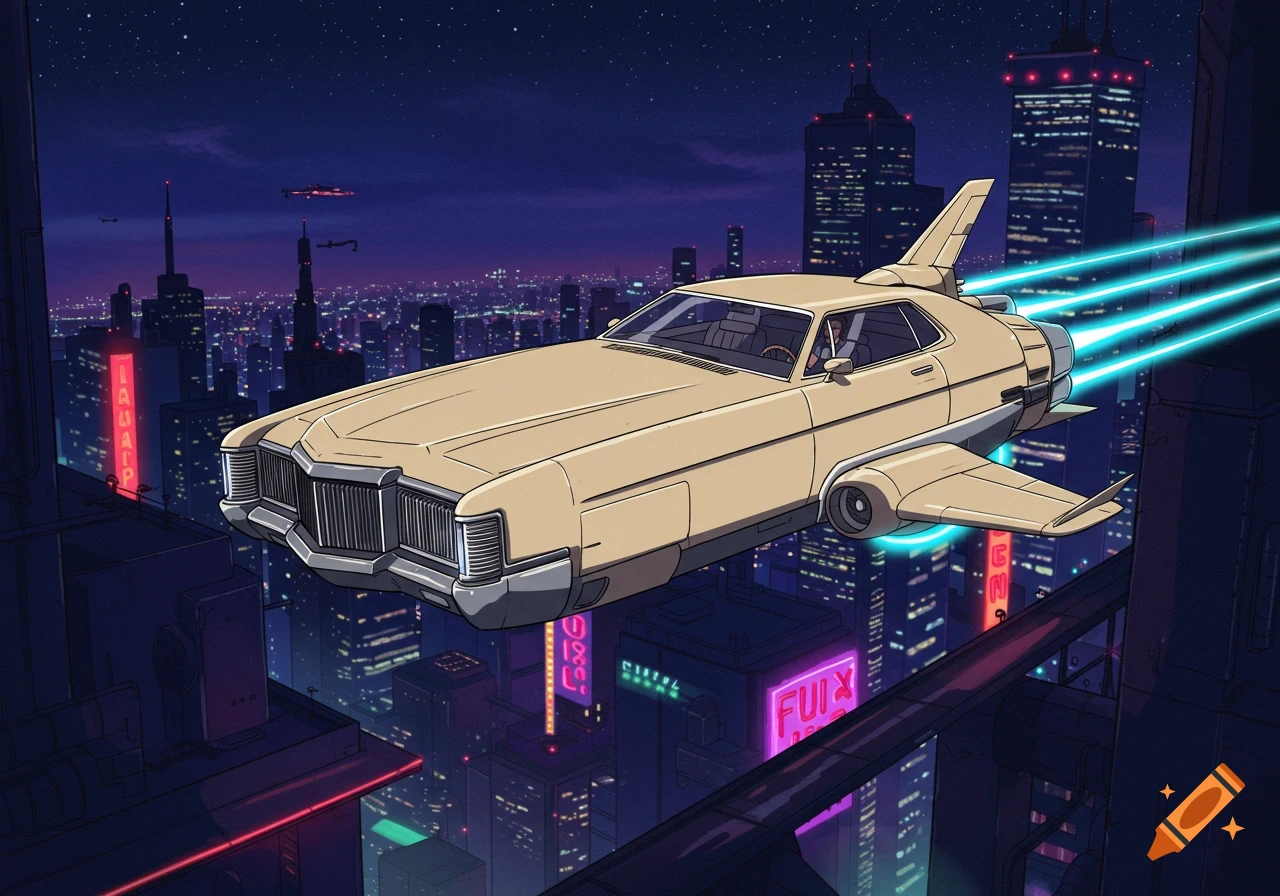 Anime style beige retro-futuristic flying car soars over a neon-lit futuristic city at night.