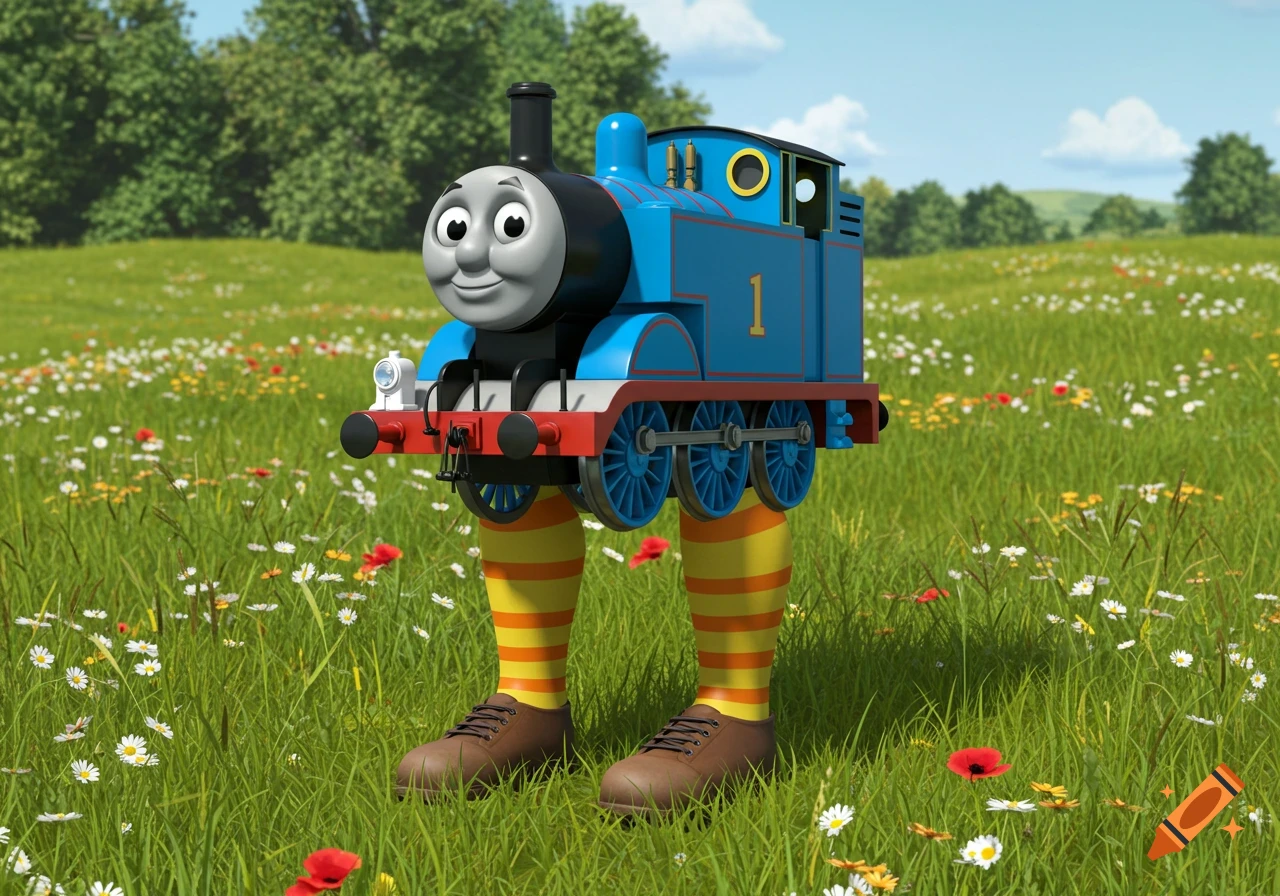 Thomas the Tank Engine with human legs, wearing striped socks and brown shoes, stands in a grassy field with wildflowers under a blue sky.