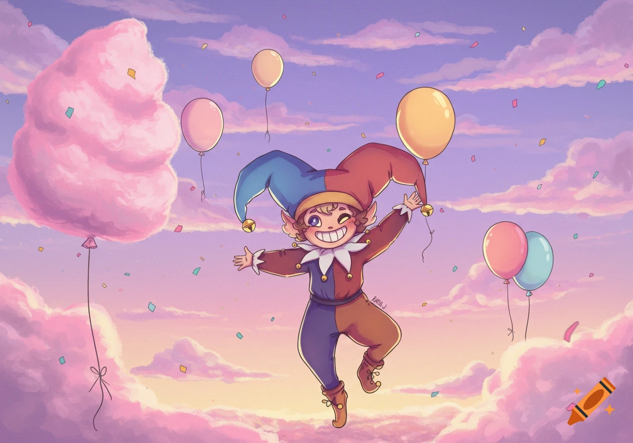 A cheerful elf-like jester in a red and blue costume floats among pastel clouds and balloons with confetti in a whimsical cartoon illustration.