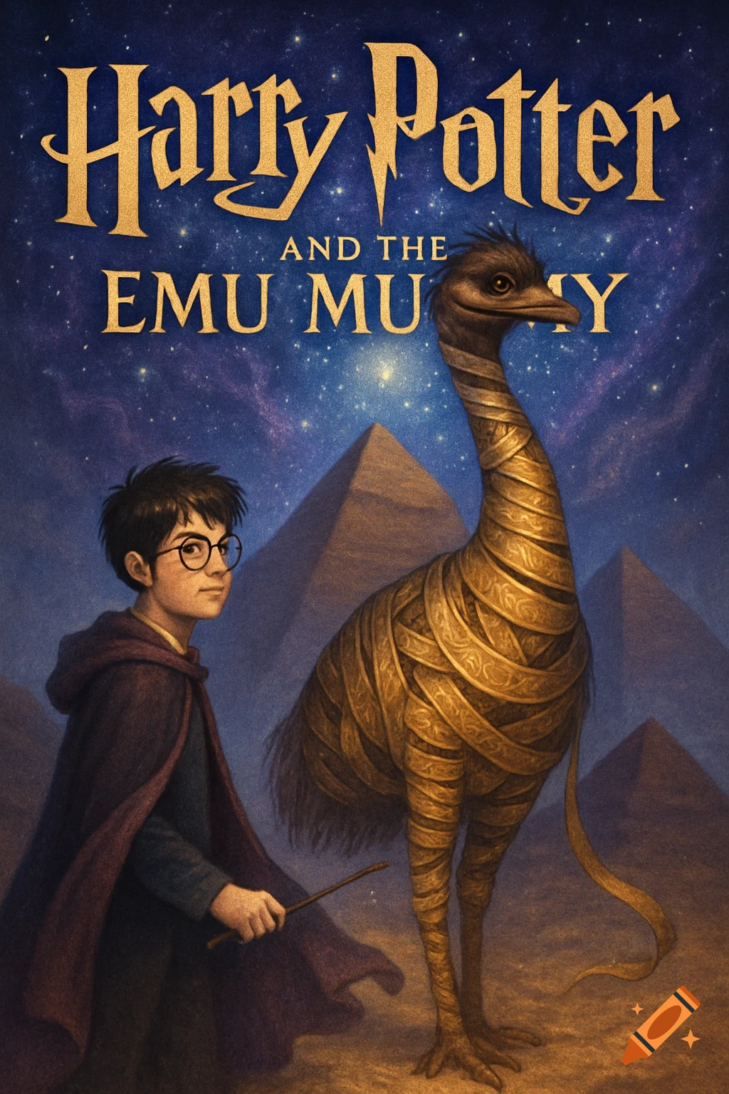 Book cover of Harry Potter holding a wand next to an emu mummy, with pyramids under a starry night sky.