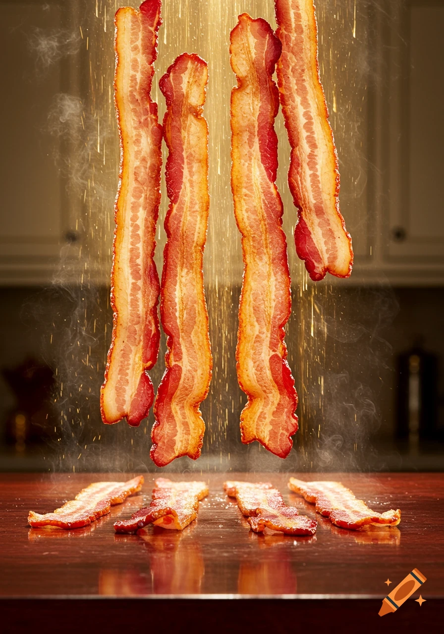 Five strips of cooked bacon float in a golden light beam, with more bacon strips on a dark wooden counter below. Photorealistic.
