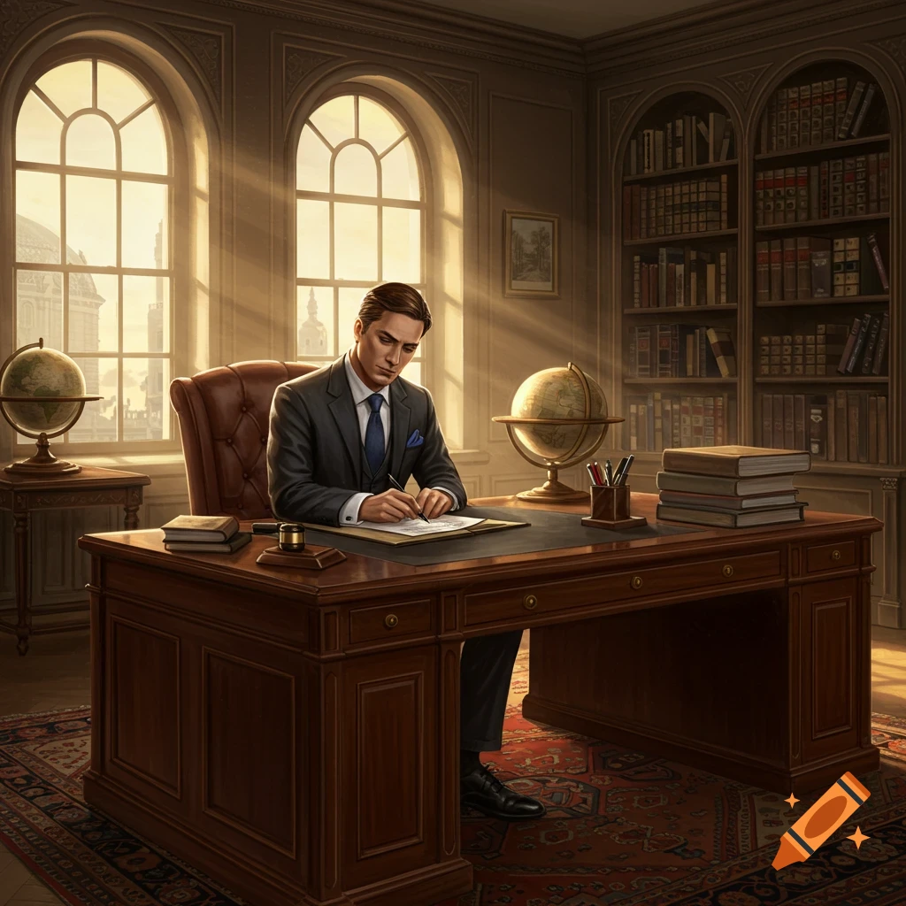 A man in a suit writes at a large wooden desk in a grand, sunlit office with bookshelves and globes.