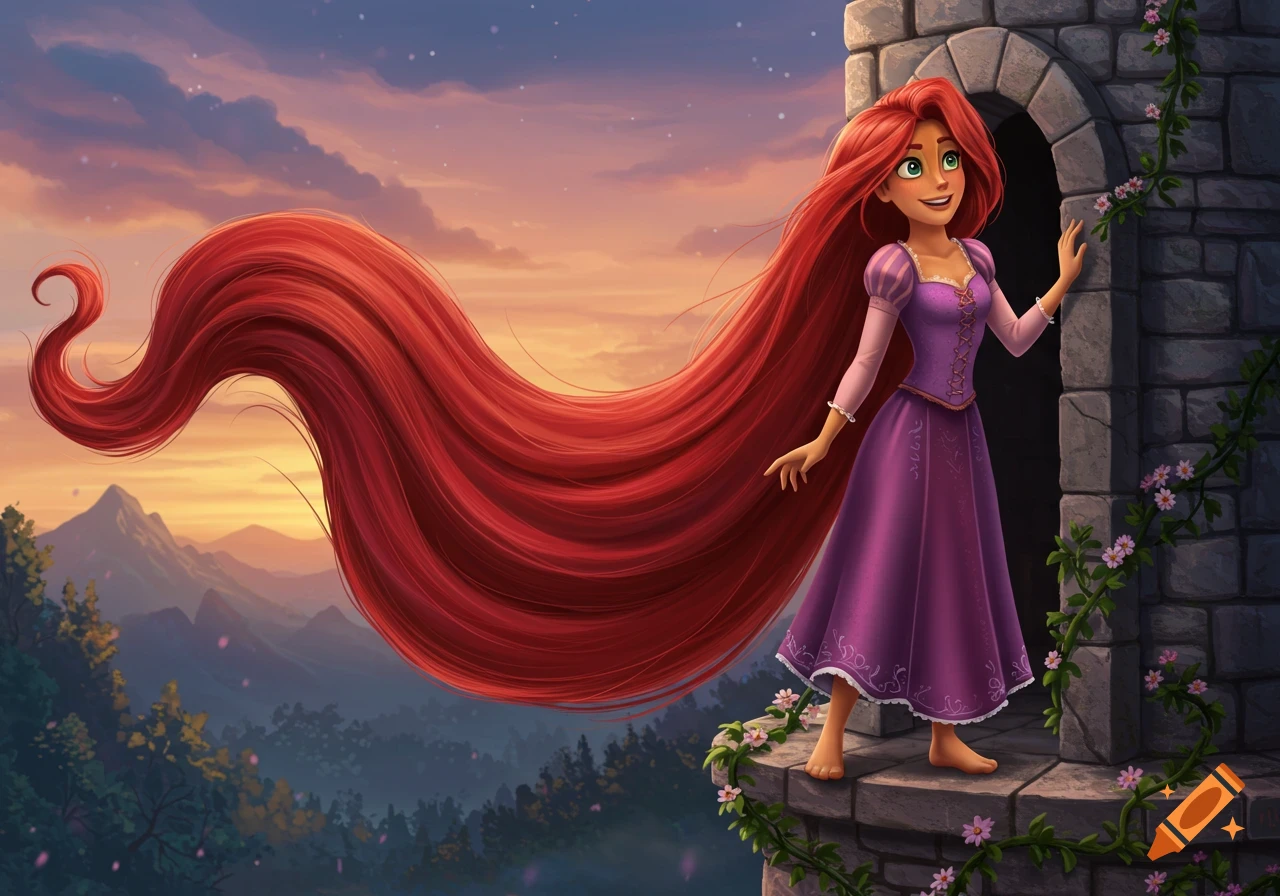 Cartoon Rapunzel with long red hair on a stone tower, overlooking a mountain landscape at sunset.