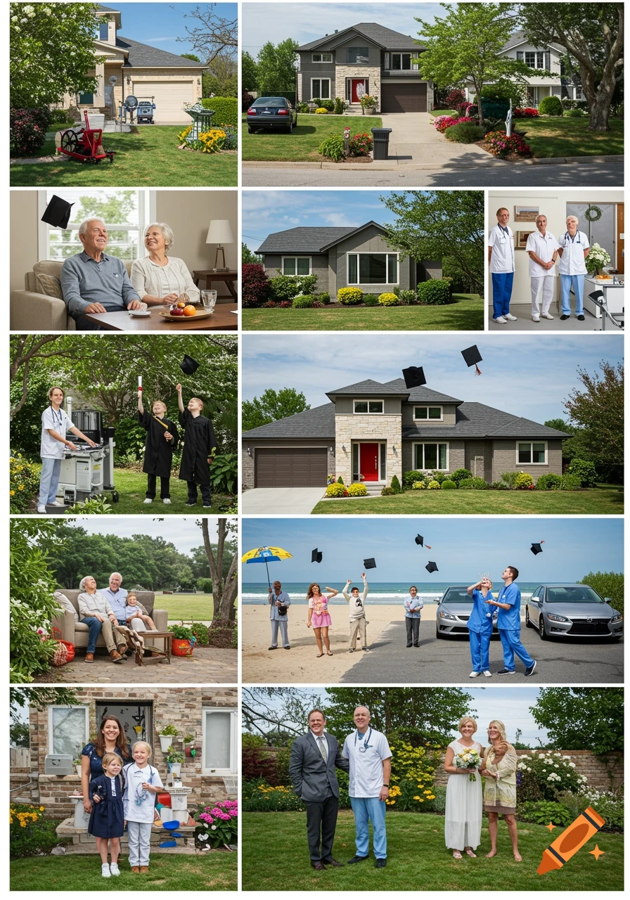 A photo collage showing scenes of the American Dream, including modern suburban houses, a retired couple, children graduating, a healthcare worker, people on a beach, a family, and a wedding couple.