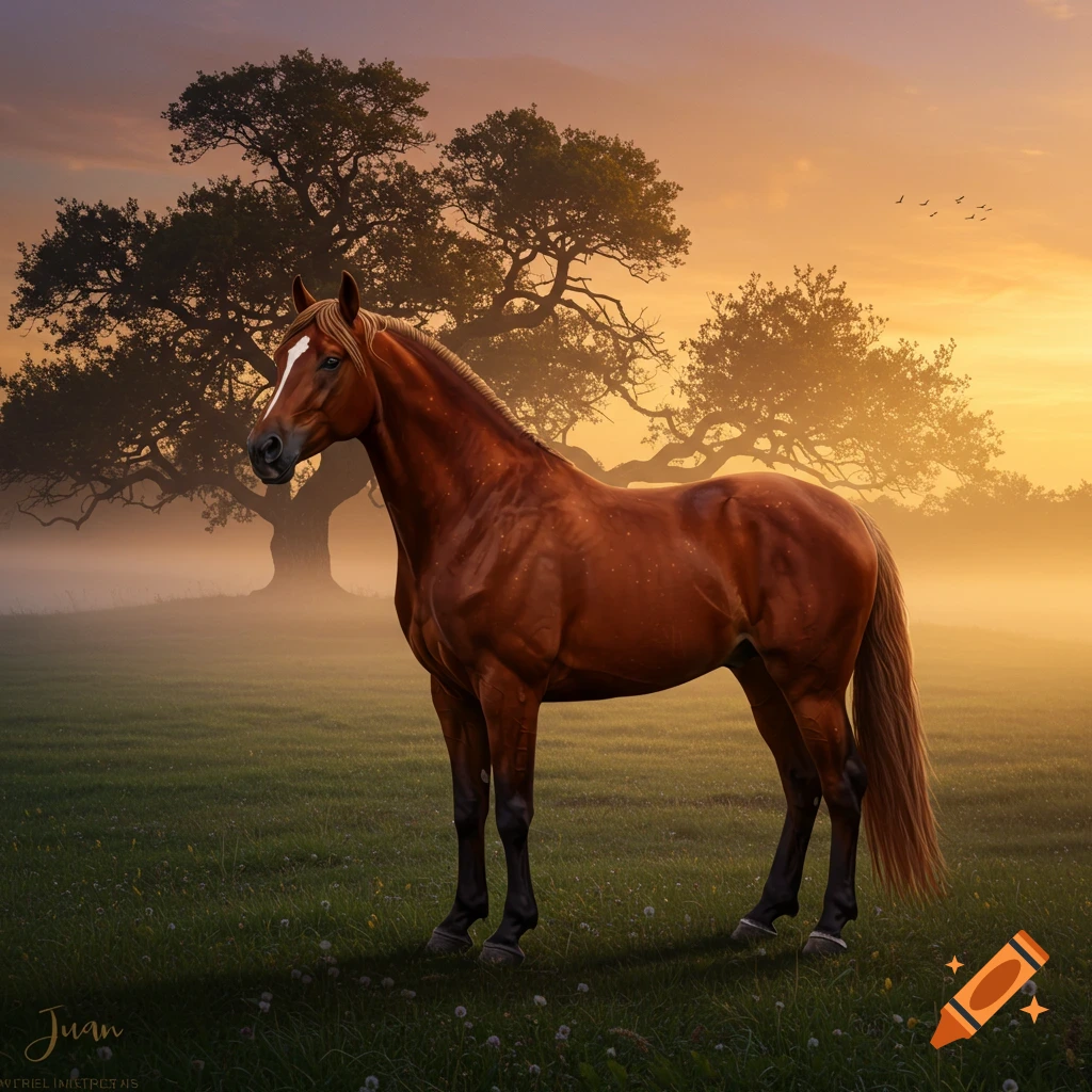 A majestic brown horse stands in a misty field at sunrise, with large trees in the background.