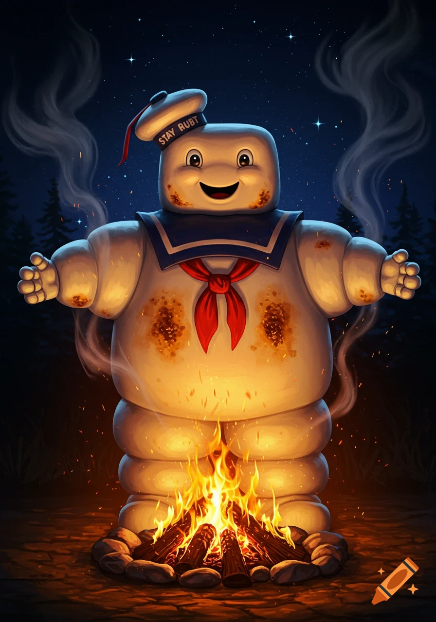 Cartoon Stay Puft Marshmallow Man happily roasts over a campfire in a forest at night, illustrative style.