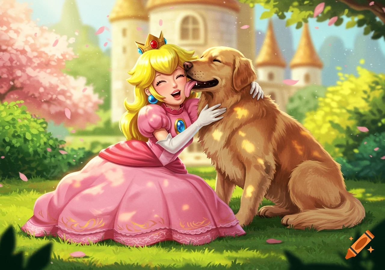 Princess Peach in a pink dress hugging a Golden Retriever in a sunny castle garden, cartoon style.
